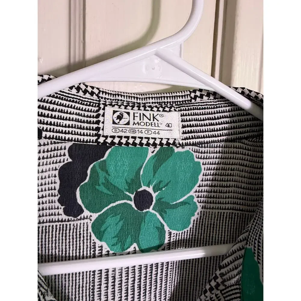 Vintage 80s Fink Modell 2 Piece Skirt Blouse Set Green Floral Plaid Size 40/L